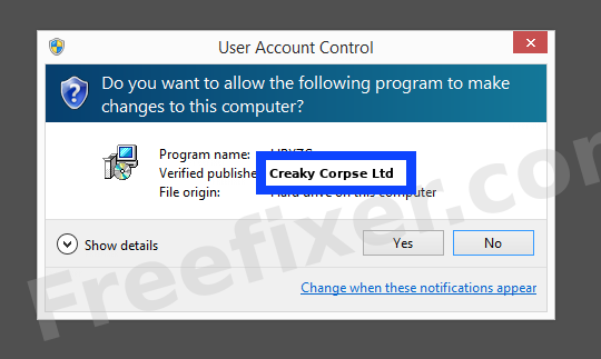 Screenshot where Creaky Corpse Ltd appears as the verified publisher in the UAC dialog
